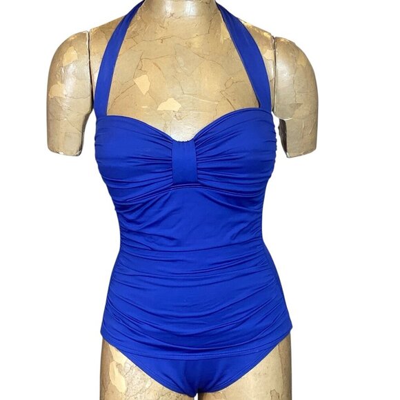 Tommy Bahama Swimsuit One-piece Ruched Halter Tummy Control Sz 10 Blue #119N - Picture 1 of 7
